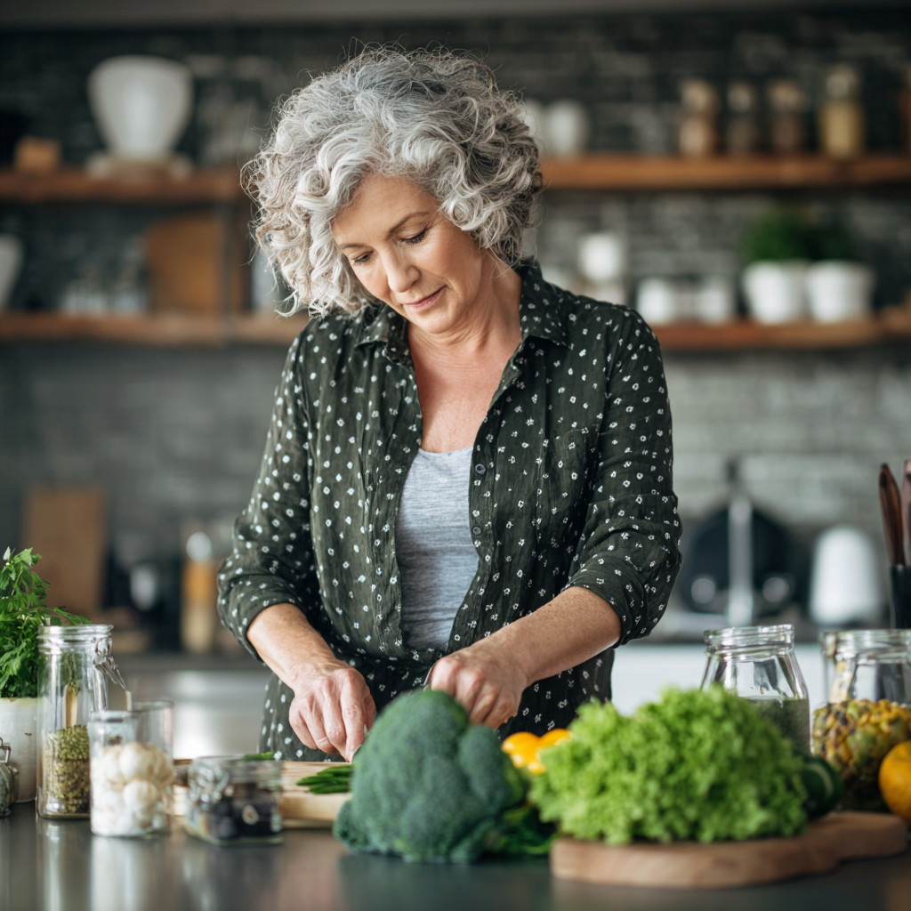 Mature woman preparing healthy meal ingredients in modern kitchen, focused on nutritional planning
